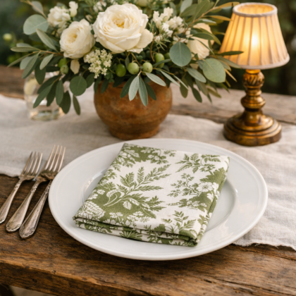 French Toile Linen Napkin - Olive Green